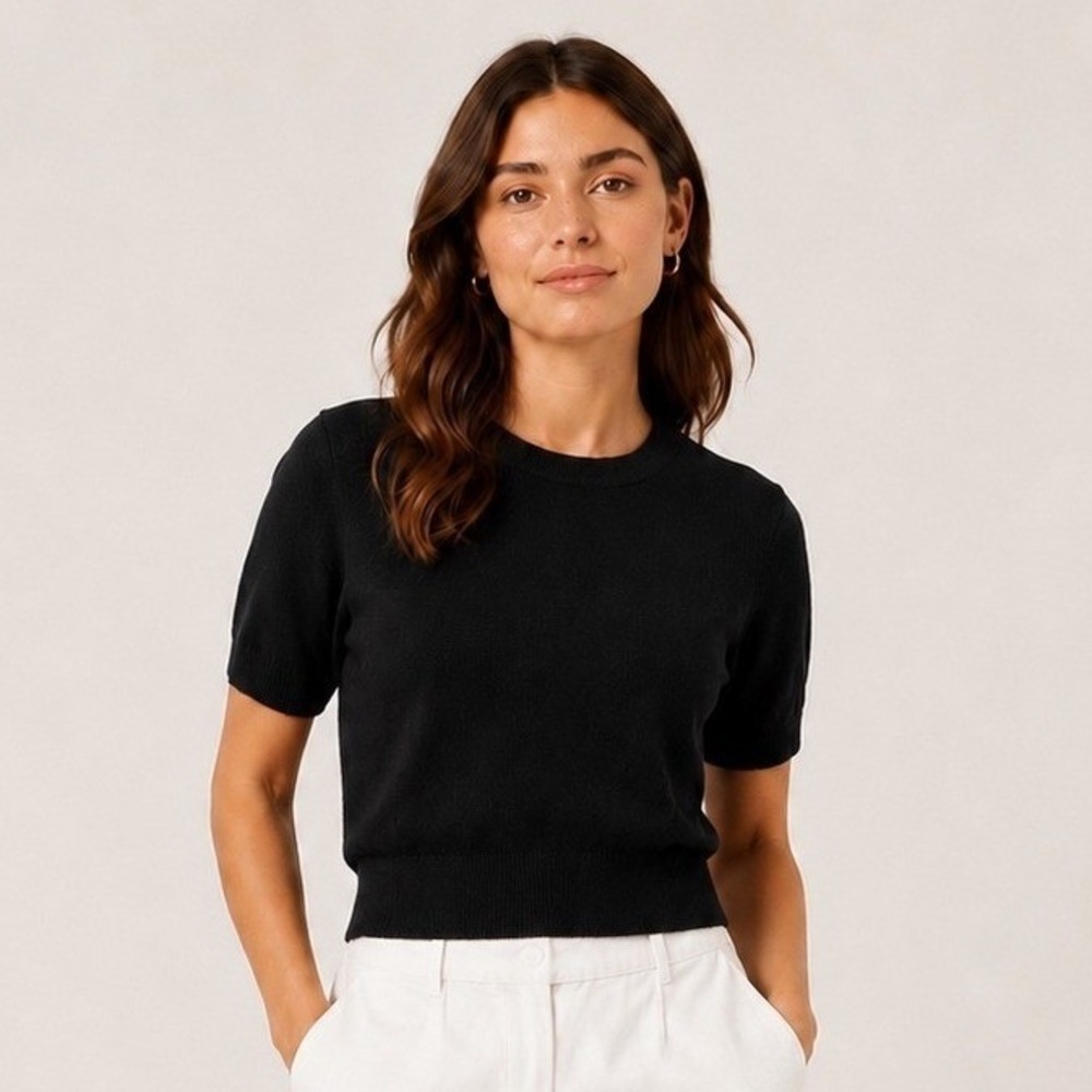 J.Crew Women Cashmere Shrunken T Shirt Sweater S Black Crewneck Quiet Luxury